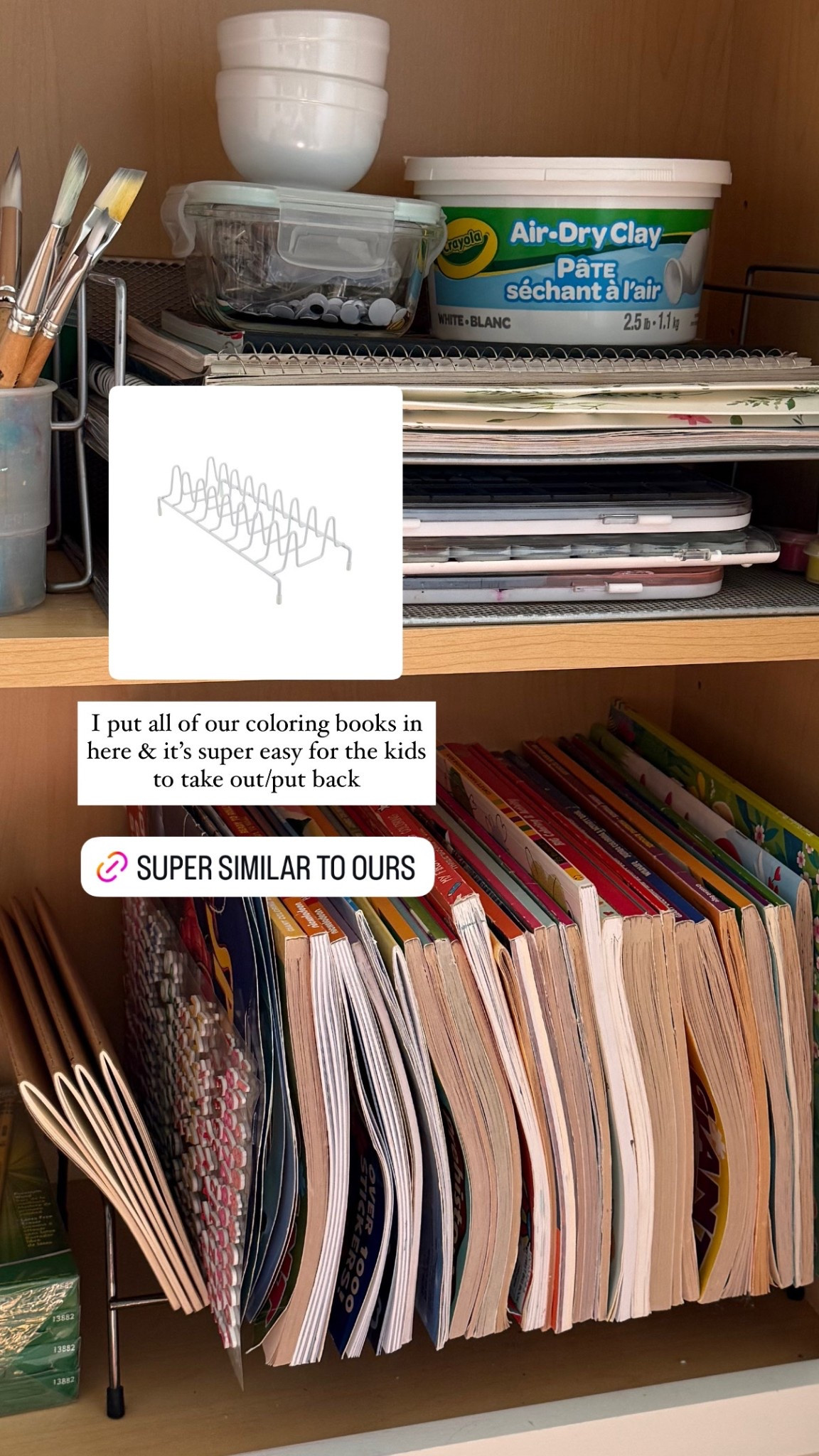 Something you didn’t know you needed for your art cabinet: a pot lid organizer! I use it for coloring books