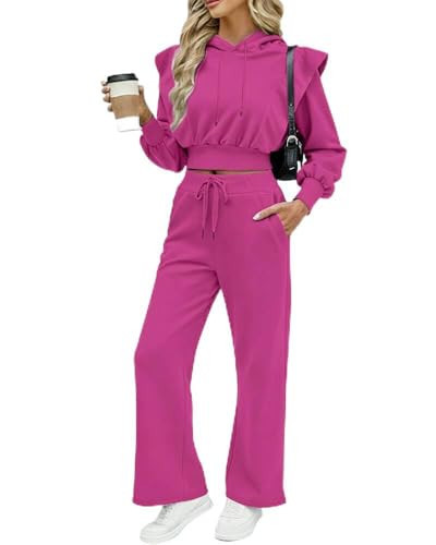 CHICME Womens 2 Piece Outfits Cropped Long Sleeve Hoodie and Wide Leg Sweatpants Set Fall Fashion Sweatsuit Tracksuit-hp-L | Amazon (US)