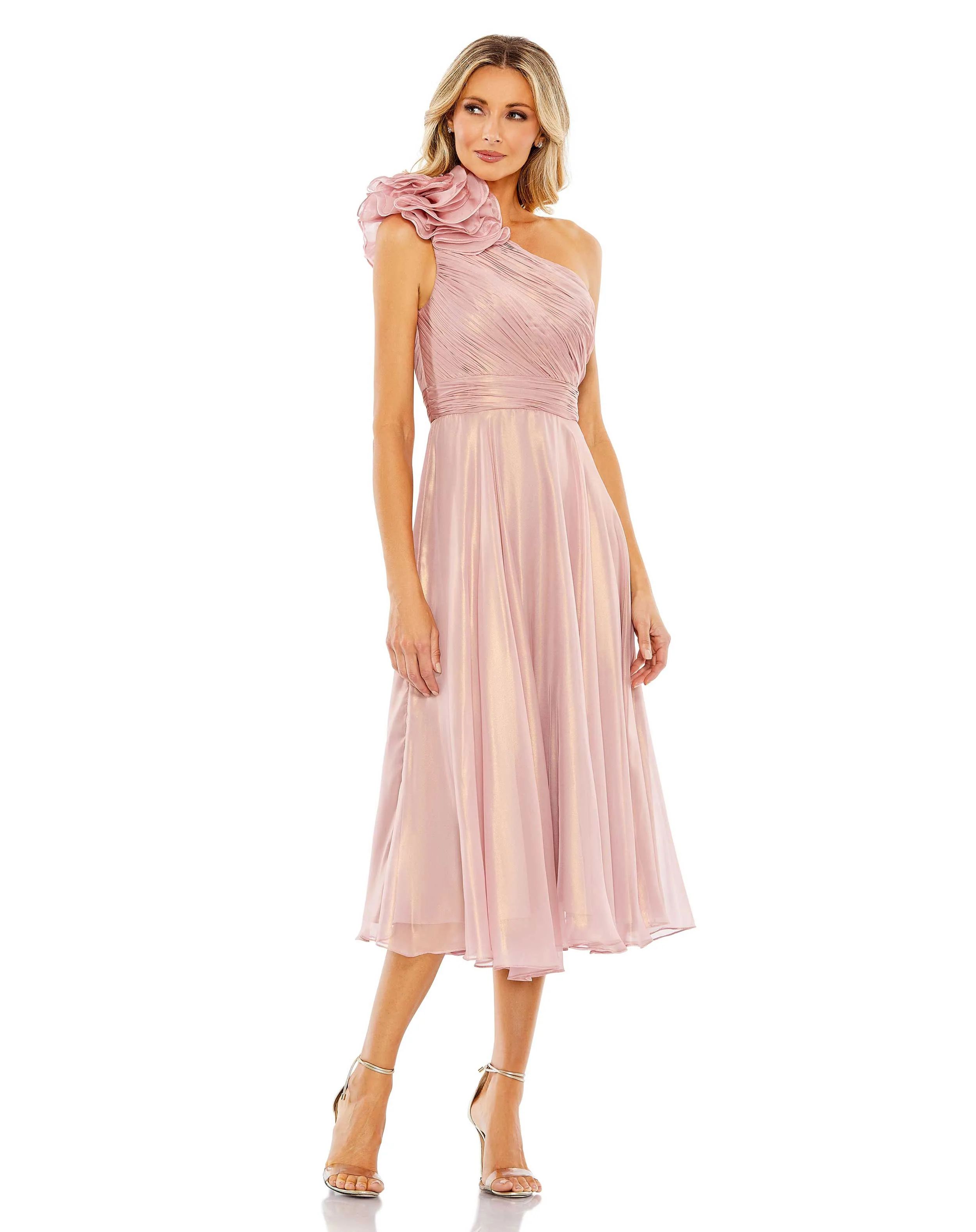 Rosette One Shoulder Tea Length Dress | Mac Duggal