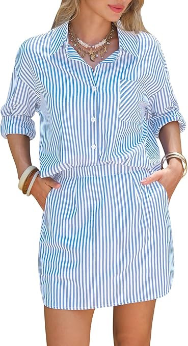 EXLURA Womens Summer 2 Piece Sets 100% Cotton Striped Long Sleeve Button Shirts Matching Skirt Be... | Amazon (US)