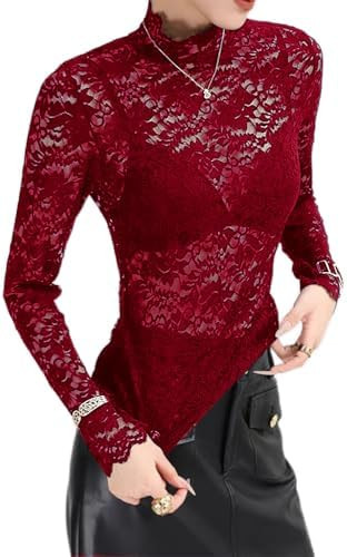 Women's Floral Lace Top Long Sleeve Mock See Through Mesh Underwear Blouse Shirt S-L | Amazon (US)