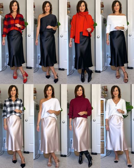 Festive outfit ideas for a satin midi skirt!
Mine is from Amazon and I sized up to M for a bit more length.
Wearing small tall in the plaid shirts (last years prints) and my usual S in the one shoulder tops, turtleneck sweater and cardigan and sized up to M in the red sweater and off the shoulder sweater.
All the shoes and boots fit tts


#LTKover40 #LTKparties #LTKHoliday