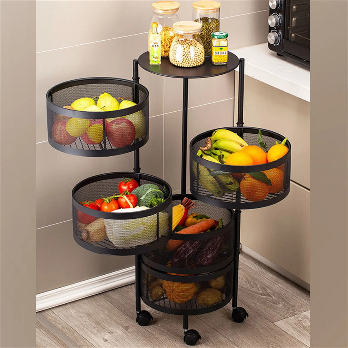 5-tier 360° Rotating Kitchen Cart – Round Storage Organizer With Wheels For Fruits, Vegetables... | Wayfair North America