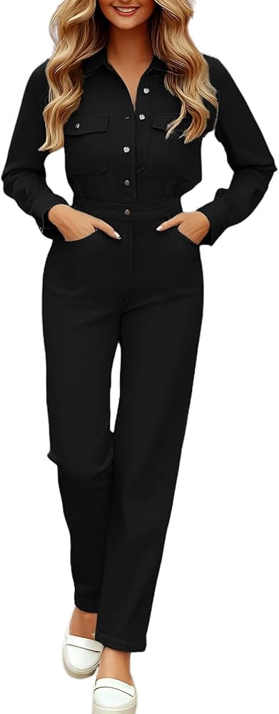 Jumpsuits for Women Dressy Casual Long Sleeve Button Up Stretch One Piece Long Pants Rompers with... | Amazon (US)