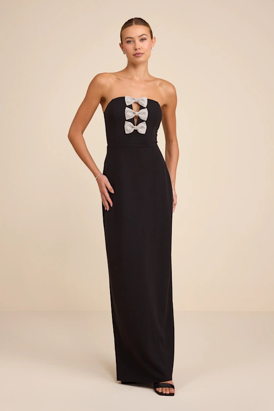 Jovia Black Rhinestone Bow Strapless Maxi Dress | Lulus