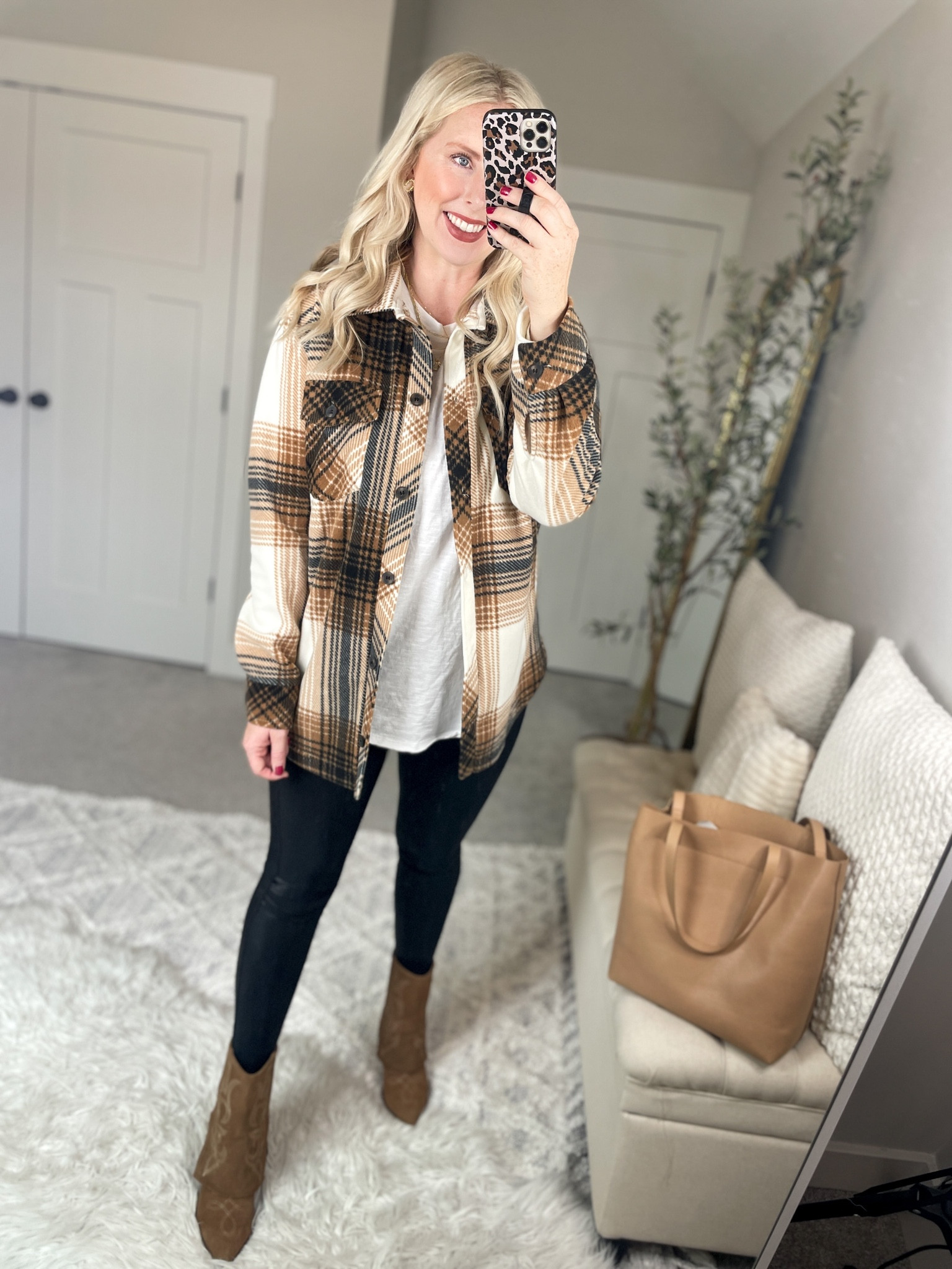 Nsale try on 
Plaid shacket- medium 
Tunic tee- medium 
Spanx faux leather leggings- medium 

#LTKsalealert #LTKxNSale #LTKshoecrush