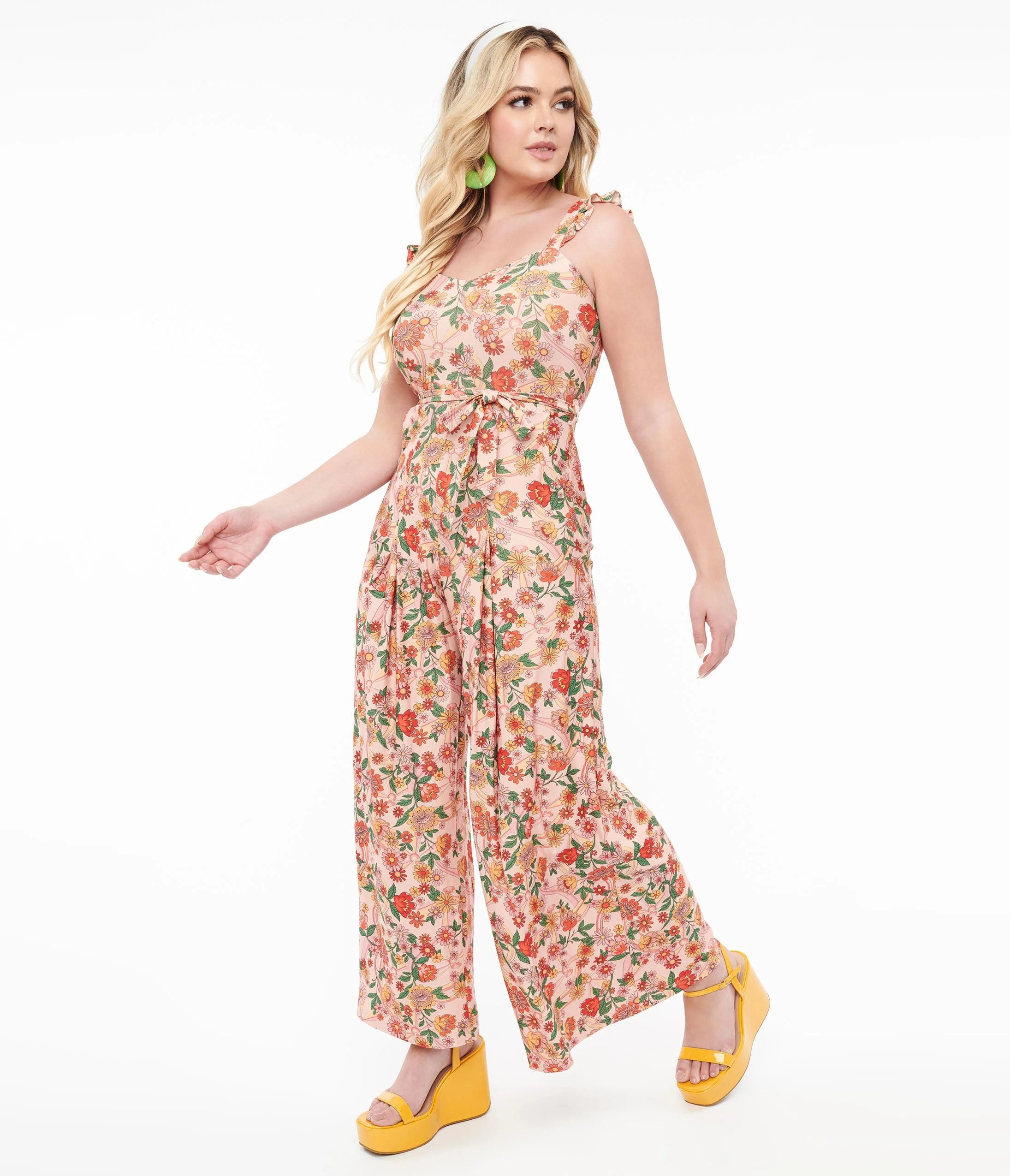 Voodoo Vixen 1970s Pink Rainbow Floral Print Jumpsuit | UniqueVintage