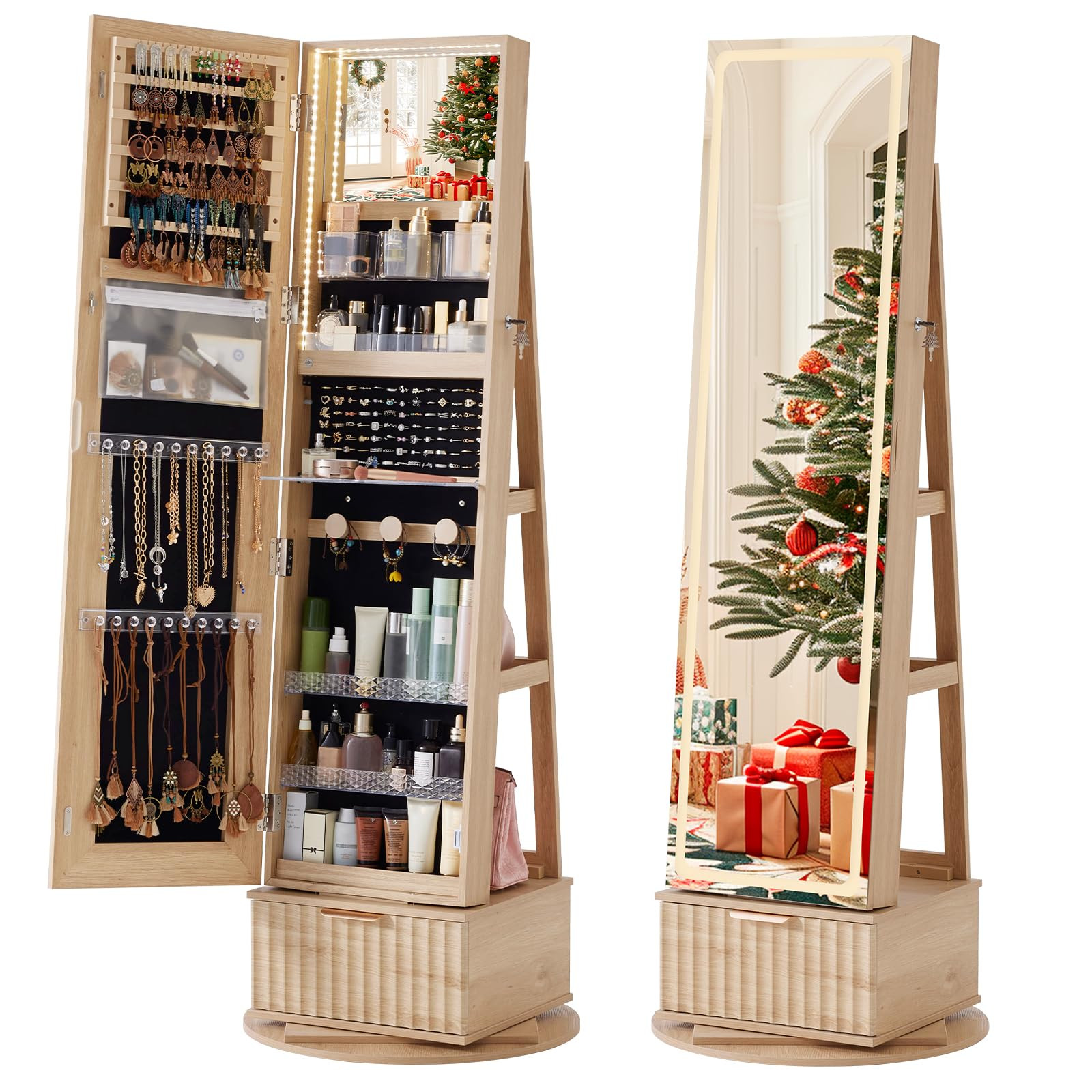 Fluted 360° Swivel Jewelry Armoire Cabinet Standing with Full Length Mirror, Lockable Jewelry Or... | Amazon (US)