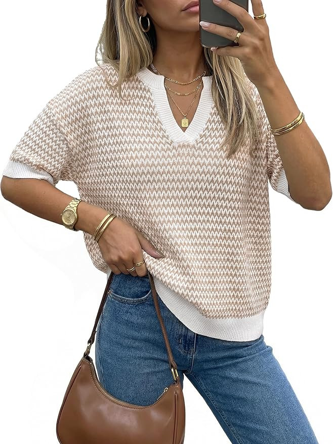 Arach&Cloz Women's 100% Cotton Polo V Neck Striped Short Sleeve Summer Casual Pullover Sweaters 2... | Amazon (US)