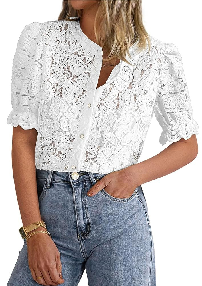 PRETTYGARDEN Womens 2025 Spring Lace Tops Short Puff Sleeve Casual Dressy Blouses Eyelet Crew Nec... | Amazon (US)