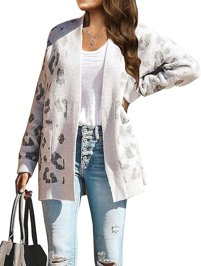 ZESICA Women's Long Sleeves Open Front Leopard Print Knitted Sweater Cardigan Coat Outwear with P... | Amazon (US)