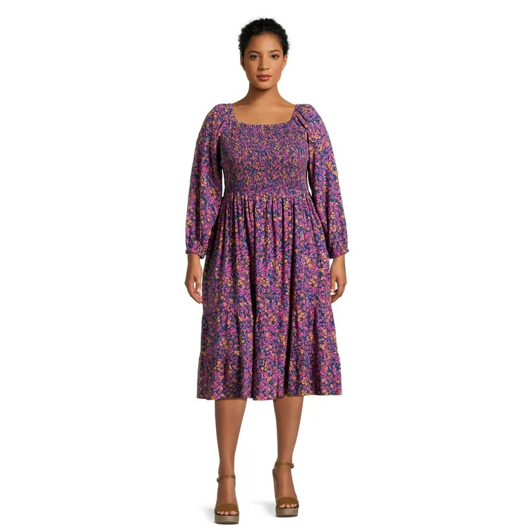 Terra & Sky Women's Plus Size Square Neck Smocked Dress | Walmart (US)