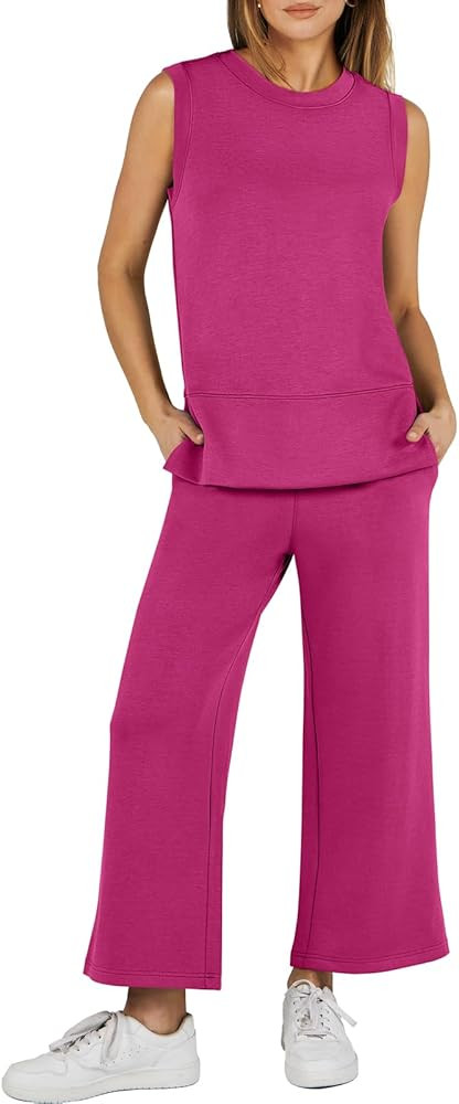 ANRABESS Women's 2 Piece Outfits Summer Outfits Sleeveless Wide Leg Jumpsuits Casual Lounge Sets | Amazon (US)