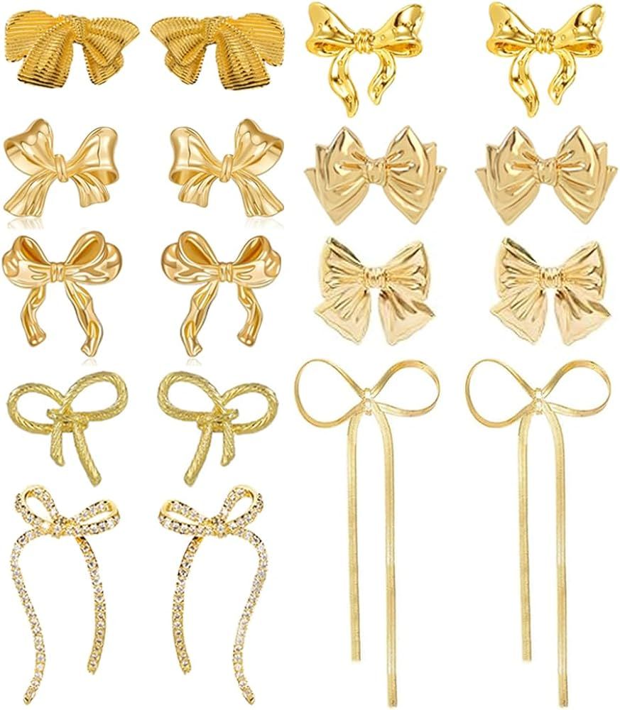 9 Pairs Gold Bow Earrings for Women Classic Ribbon Bow Stud Earrings Cute Statement Jewelry Set | Amazon (US)