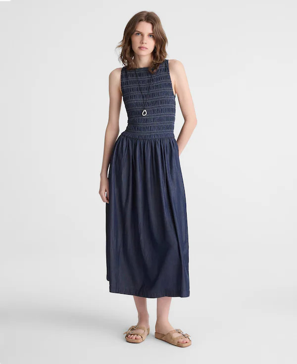 Denim Smocked Boatneck Midi Dress | Madewell