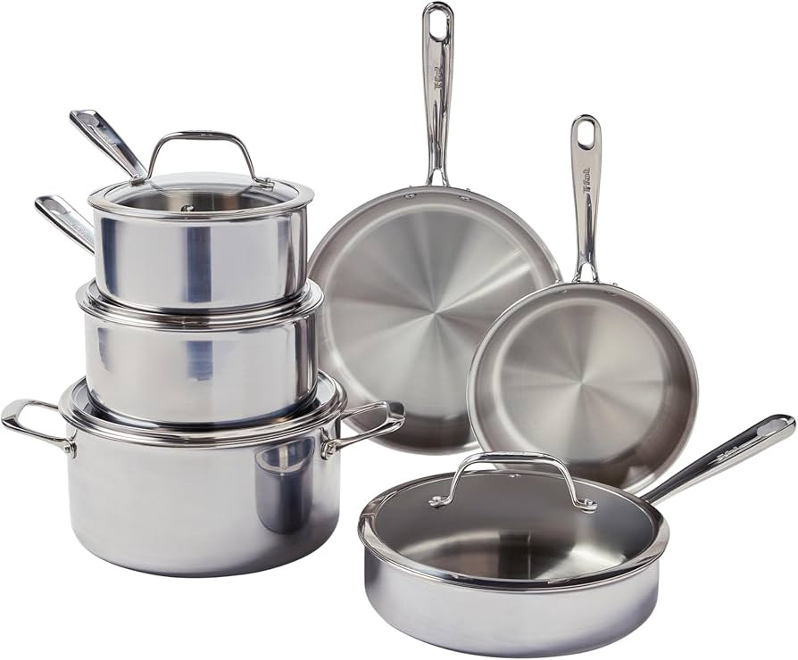 T-fal Pro Tri-Ply Stainless Steel Cookware Set 10 Piece, Induction Compatible Oven Safe 500F, Lid... | Amazon (US)