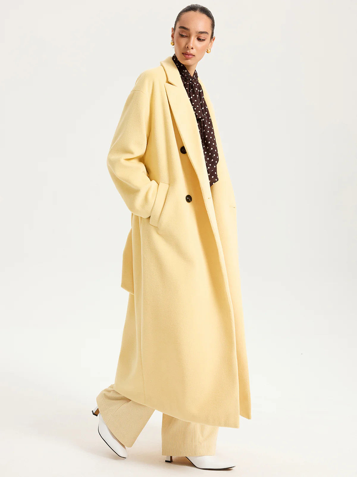 Belted Double-Breasted Lapel Long Coat | Commense