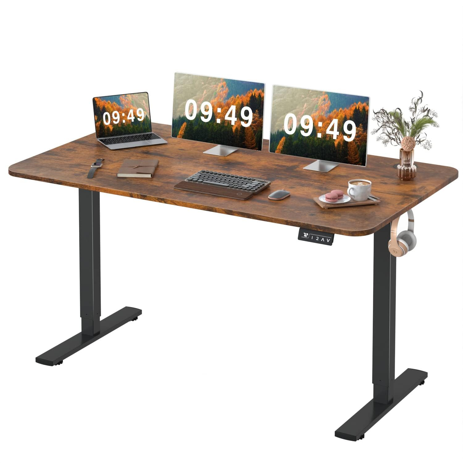 Furmax Electric Height Adjustable Standing Desk Large 55 x 24 Inches Sit Stand up Desk Home Office Computer Desk Memory Preset with T-Shaped Metal Bracke, Brown | Amazon (US)