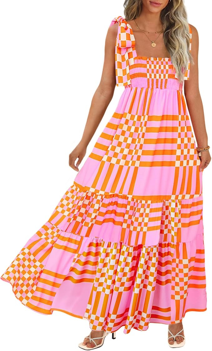 Women's Summer Maxi Dress Boho Spaghetti Straps Casual Long A-line Smocked Beach Dress Square Nec... | Amazon (US)