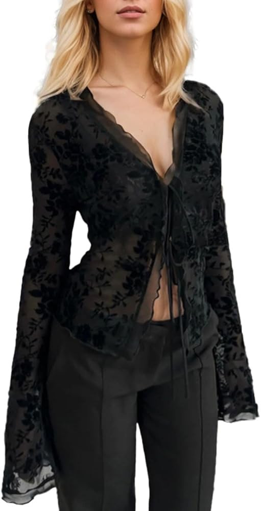 Damen Sexy Sheer Schmales V-Ausschnitt Crop Top, Rüschenbluse Bauchfreie Oberteile Ruffled Flare... | Amazon (DE)