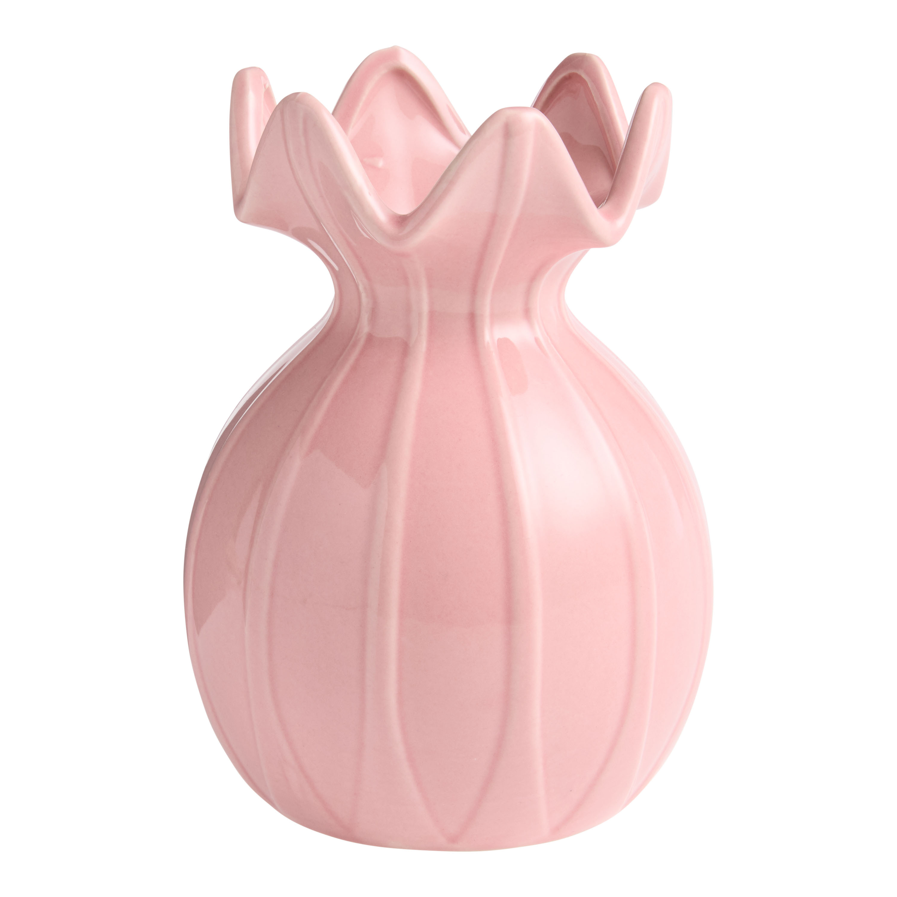 Pink Ceramic Embossed Stripe Ruffle Vase | World Market