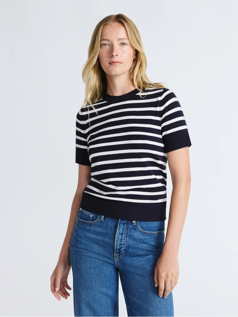 Free Assembly Women's and Women's Plus Cozy Yarn Shrunken Sweater Tee with Short Sleeves, Lightwe... | Walmart (US)