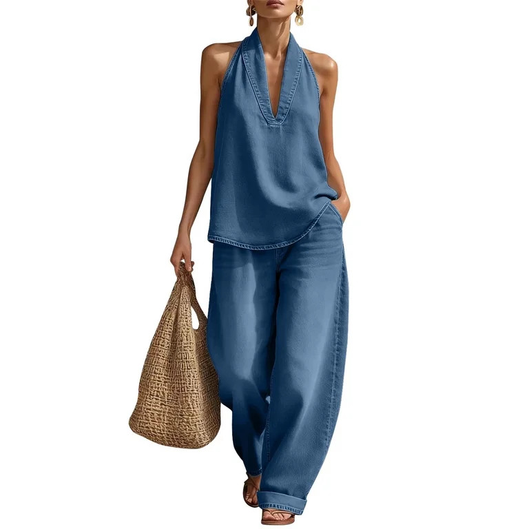 Soyumi Womens Two Piece Denim Outfit, Button Down Sleeveless Denim Top Wide Leg Jeans Pants Y2K S... | Walmart (US)