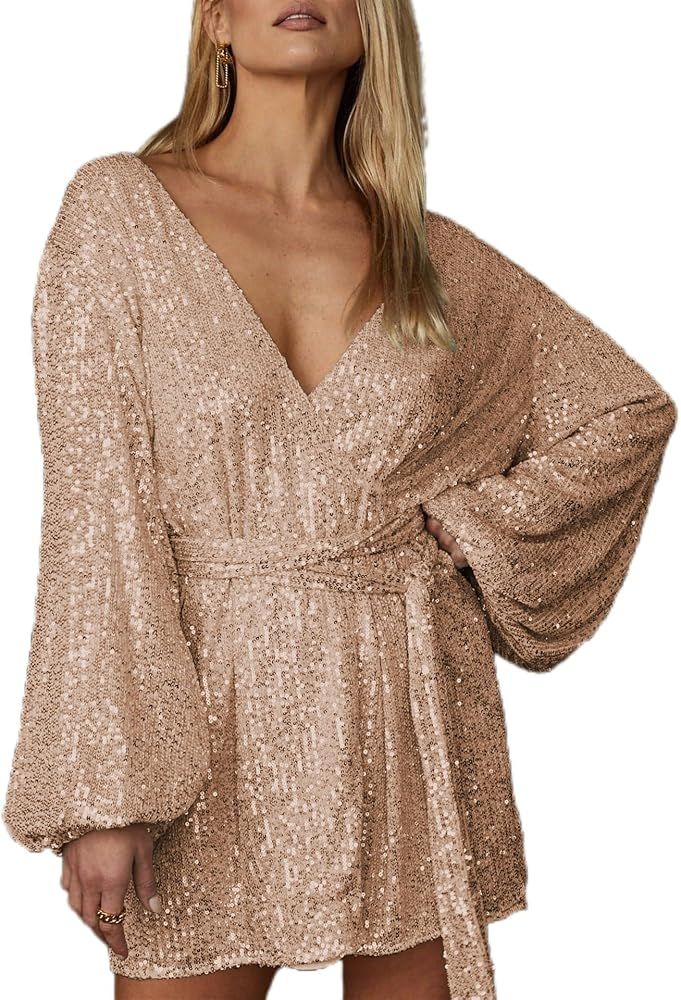 Ababalaya Sparkly Sequin Mini Wrap Dress for Women V-Neck Long Puff Sleeve Glitter Clubwear Party... | Amazon (US)