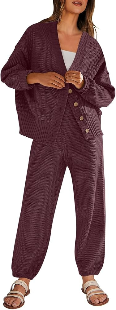 ANRABESS Women 2 Piece Outfits Waffle Knit Long Sleeve Cardigan Set Casual Sweater Pants Lounge S... | Amazon (US)