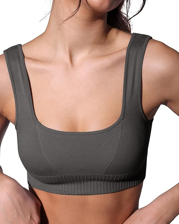 ODODOS Seamless Square Neck Sports Bra for Women Ribbed Crop Tank Casual Low Back Cropped Tops | Amazon (US)