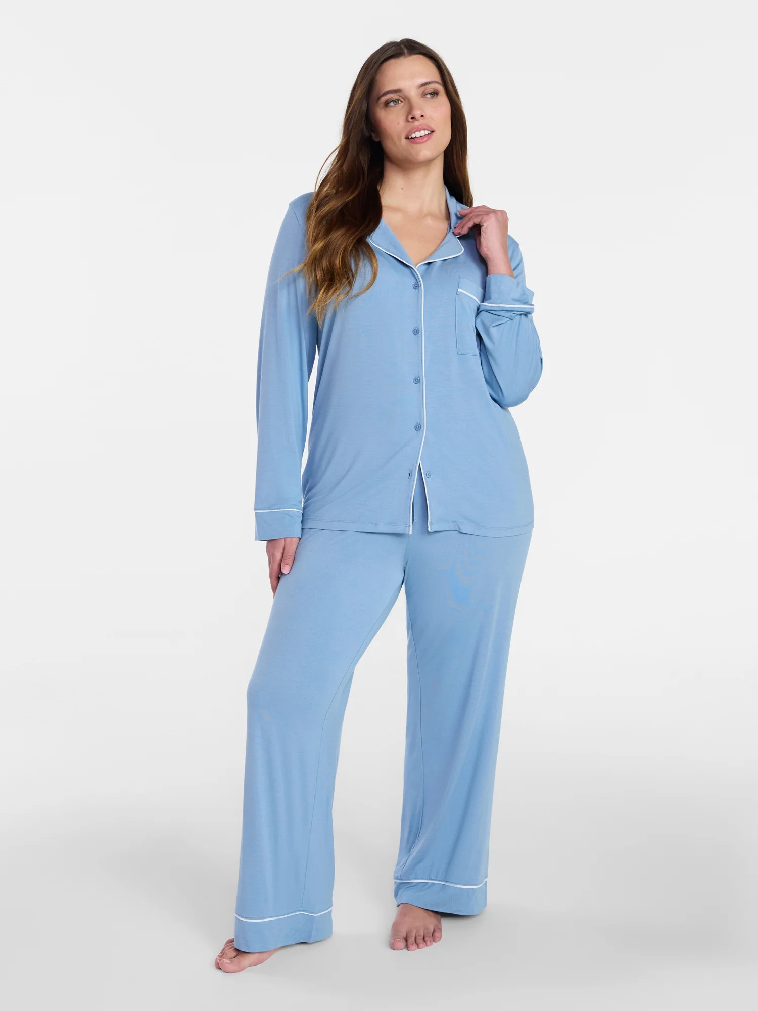 Joyspun Women’s Sleep Modal Long Sleeve Notch Top and Pants Pajama Set, Size XS-XL, 2X-3X | Walmart (US)