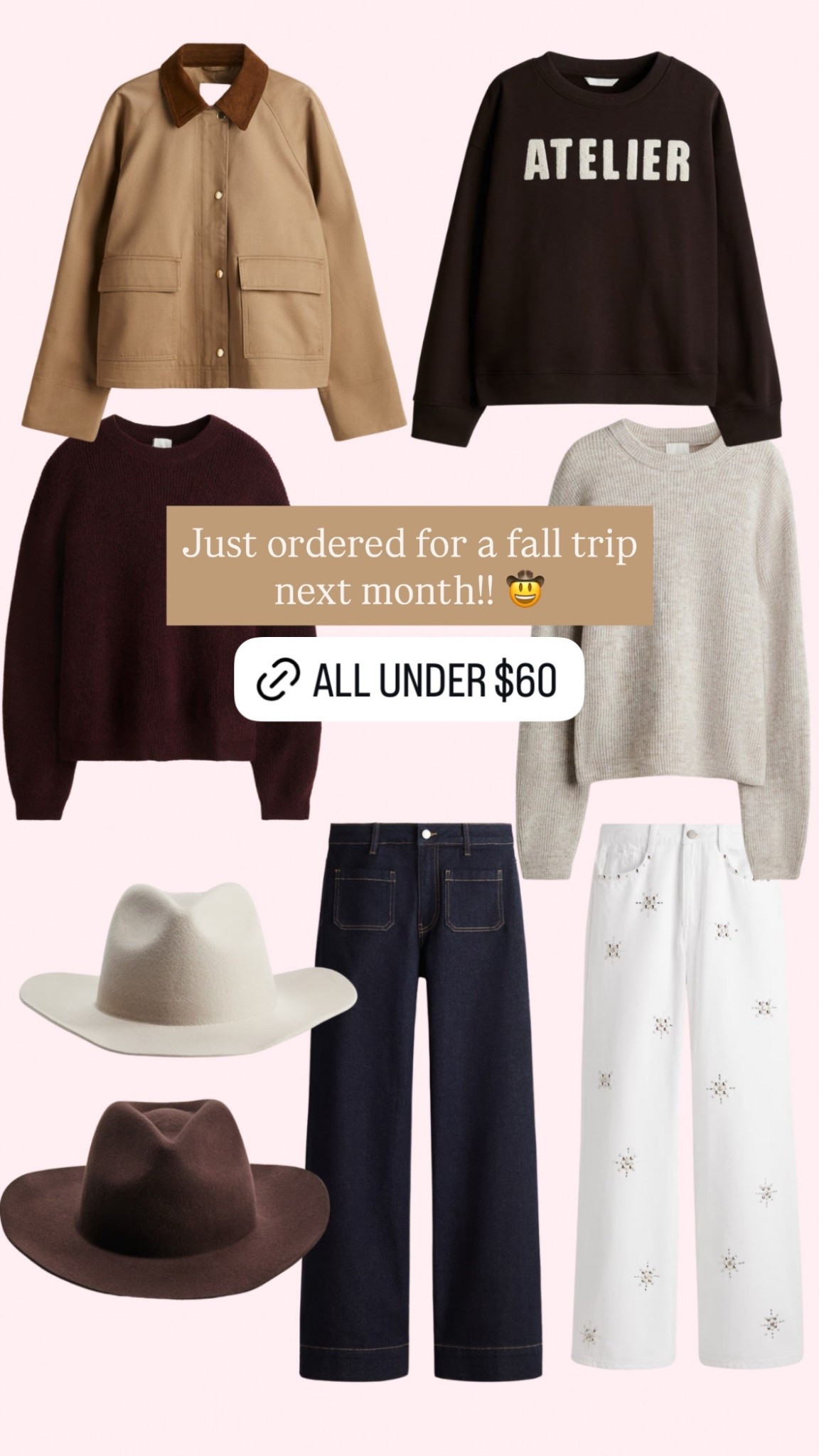 Neutral fall basics for a fall trip! Going to Jackson hole and can’t wait to wear some boho western outfits in Wyoming 
Cowboy hat, high waisted jeans, barn jacket 