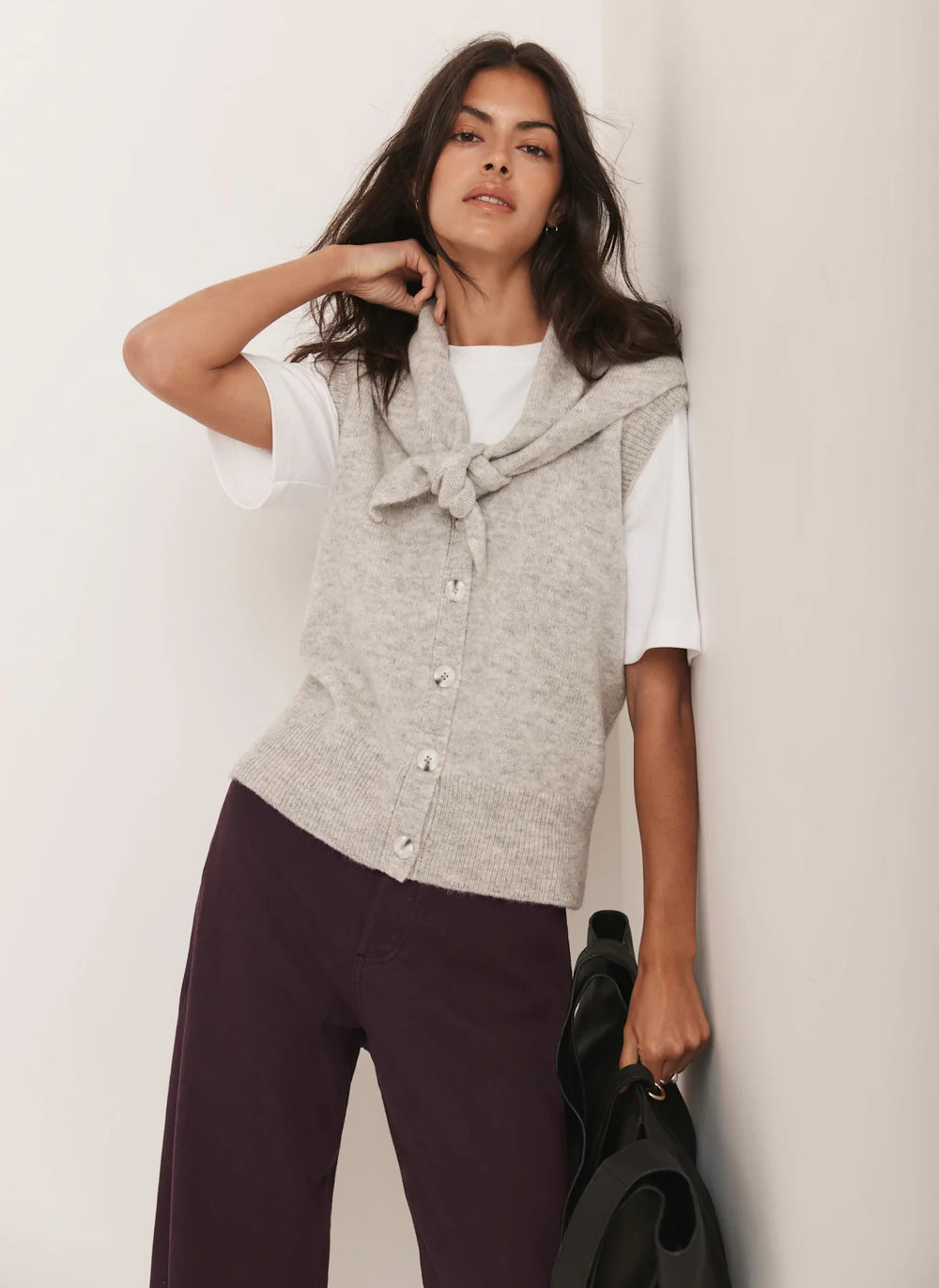 Grey Sleeveless Scarf Detail Knit Top | Mint Velvet