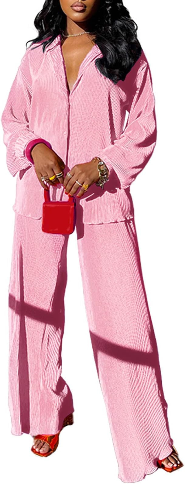 kaimimei Casual 2 Piece Outfit for Women - Linen Long Sleeve Button Down Shirt + Flare Pleated Wi... | Amazon (US)