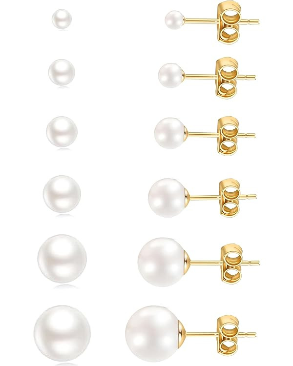 14K Gold Filled Polished Small CZ Pearl Ball Stud Earrings Set for Women Men 20G Surgical Steel H... | Amazon (US)