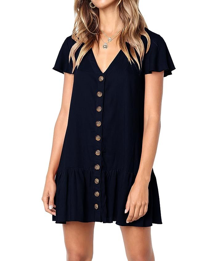 YONYWA Women Button Down Dresses Ruffle Short Sleeve V Neck Loose Fit Mini Dress | Amazon (US)