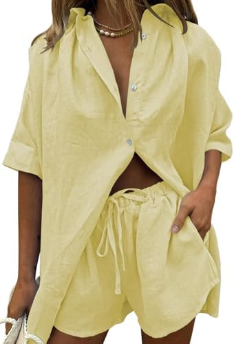 Fixmatti Women 2 Piece Outfits Long Sleeve Button Down Blouse and Shorts Sweatsuit Sets | Amazon (US)