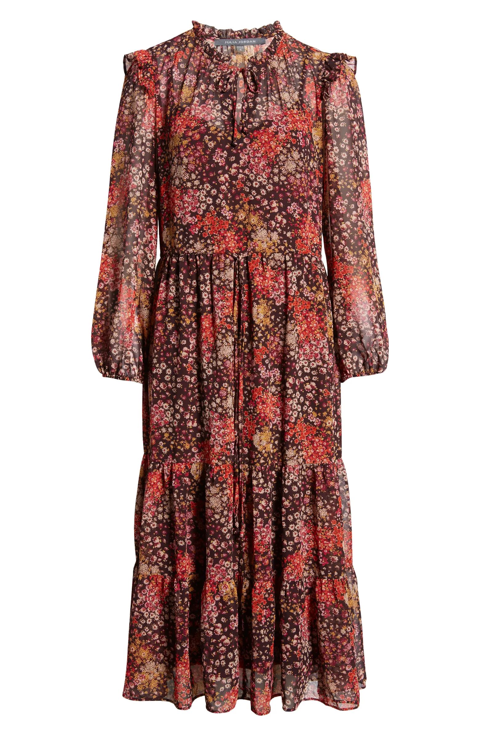 Floral Print Long Sleeve Tiered Midi Dress | Nordstrom