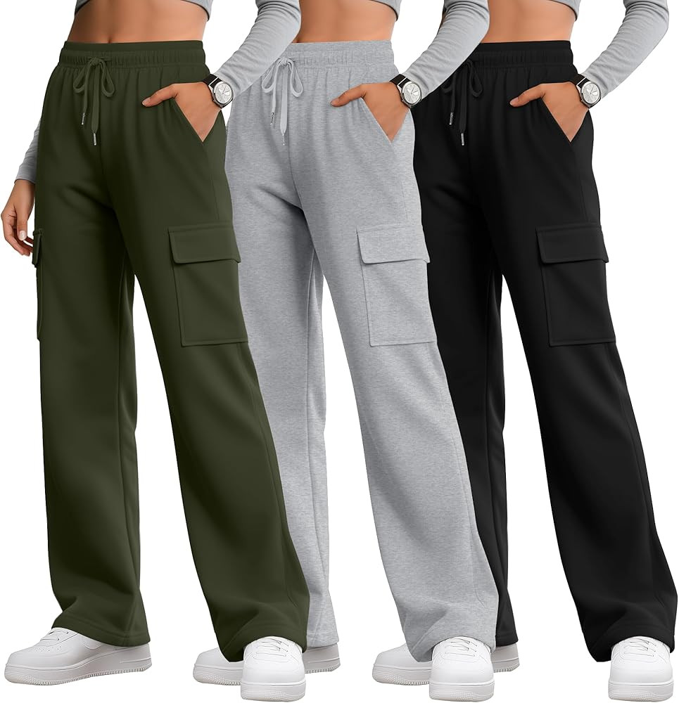 3 Pack Women's Cargo Sweatpants Wide Leg Baggy Casual Athletic Pants Drawstring Lounge Joggers wi... | Amazon (US)