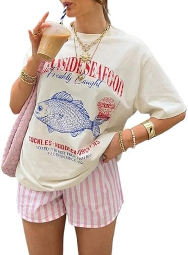 Oversized Graphic Tee Fisherman Core Aesthetic Women Cute Preppy T-Shirts Y2k Streetwear Summer 2... | Amazon (US)