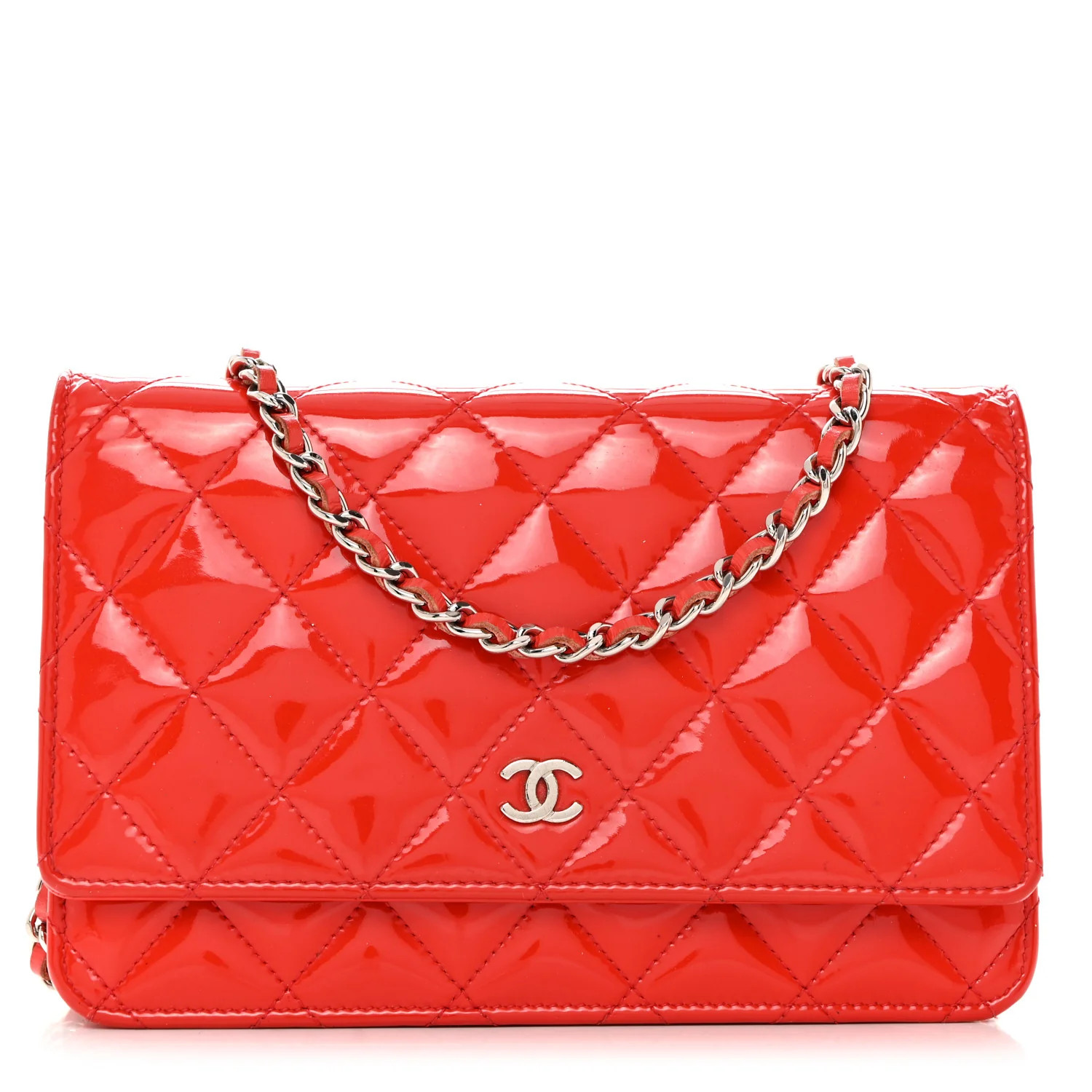 Patent Quilted Wallet On Chain WOC Red | FASHIONPHILE (US)