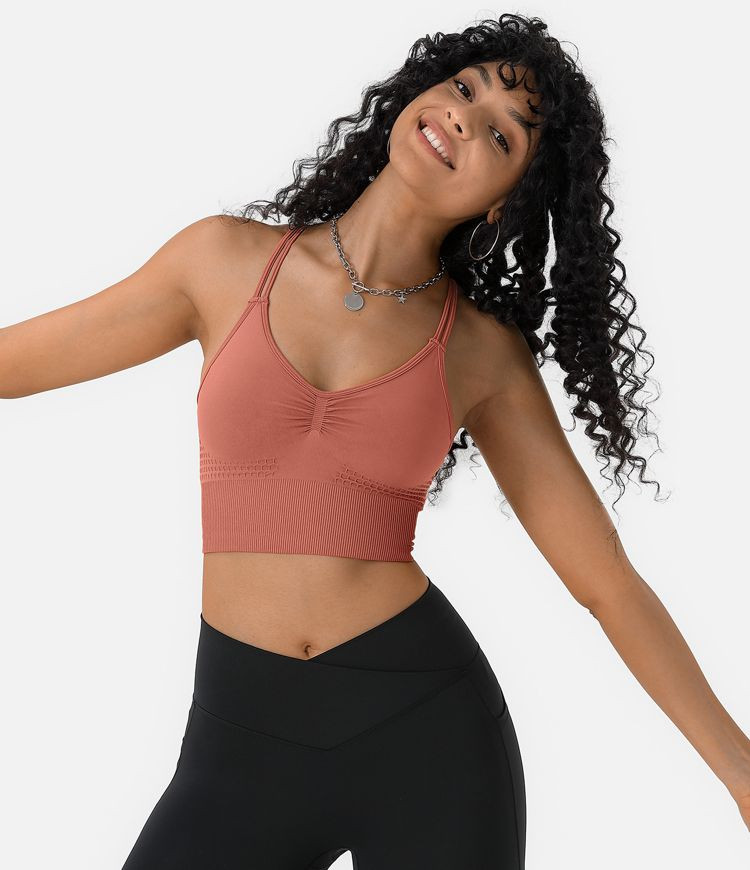 Seamless Flow Low Support Ruched Double Straps Backless Crisscross Sports Bra | HALARA