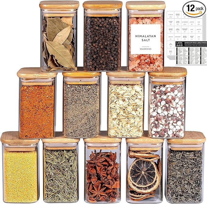 Laramaid 9oz 12Packs Glass Jars Set with 208 Minimalist Spice Labels, Square Spice Jars with Bamb... | Amazon (US)