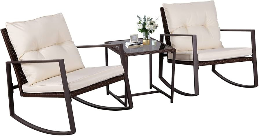 SUNCROWN 3-Piece Patio Bistro Set Outdoor Rocking Chairs Set Brown Wicker Porch Chairs with Glass... | Amazon (US)
