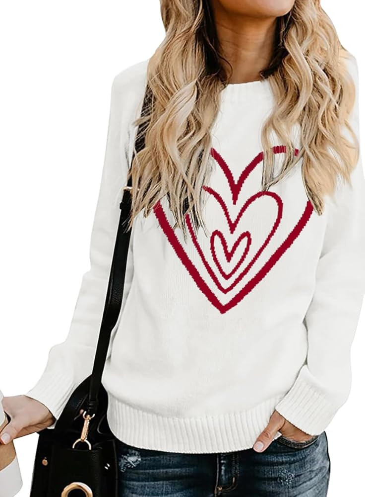 QIXING Women's Pullover Sweater Round Neck Long Sleeve Heart-Shaped Sweater | Amazon (US)