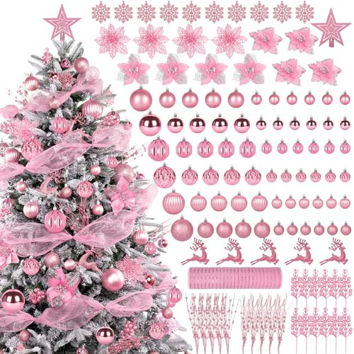 Ouddy Decor 105 Pcs Christmas Tree Decorations Set, Assorted Shatterproof Pink Christmas Ball Ornaments Poinsettia Berries Metallic Mesh Ribbon for Xmas Tree Holiday Winter Decor, Pink | Amazon (US)