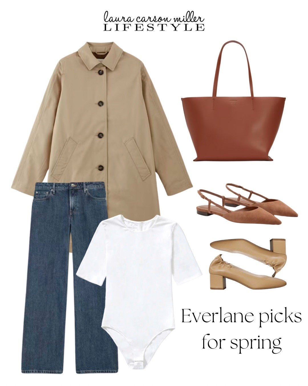 Everlane is part of the LTK spring Sale! I own this fabulous trench and I love it beyond words! I get so many compliments on it. I’m also a huge fan of Everlane’s bodysuits. I own 2 of the long sleeve version. They are so comfortable and easy and wear so well. My Day Heels are some of my faves! I have them in black and want to get the ones shown here as they are perfect for warmer weather. 
Laura Carson Miller, LTK spring sale, Everlane, trench coat, bodysuit, block heel pumps, tote, straight leg jeans, vacation outfit, work outfit, slingbacks, flats, sale alert

#LTKFindsUnder100 #LTKSaleAlert #LTKSpringSale