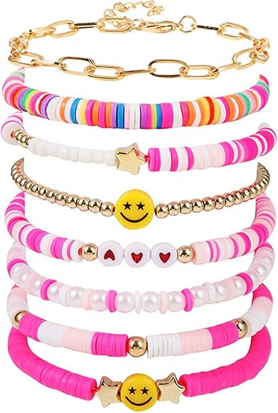 Preppy Heishi Surfer Bracelets Set, Colorful White Gold Smile Heart Star Evil Eye Beaded Polymer ... | Amazon (US)