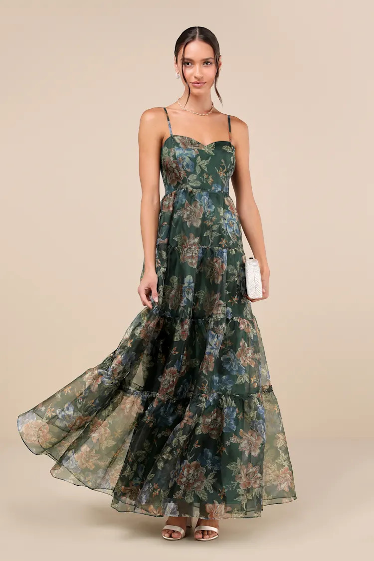 Exclusive Glamour Green Floral Organza Tiered Maxi Dress | Lulus