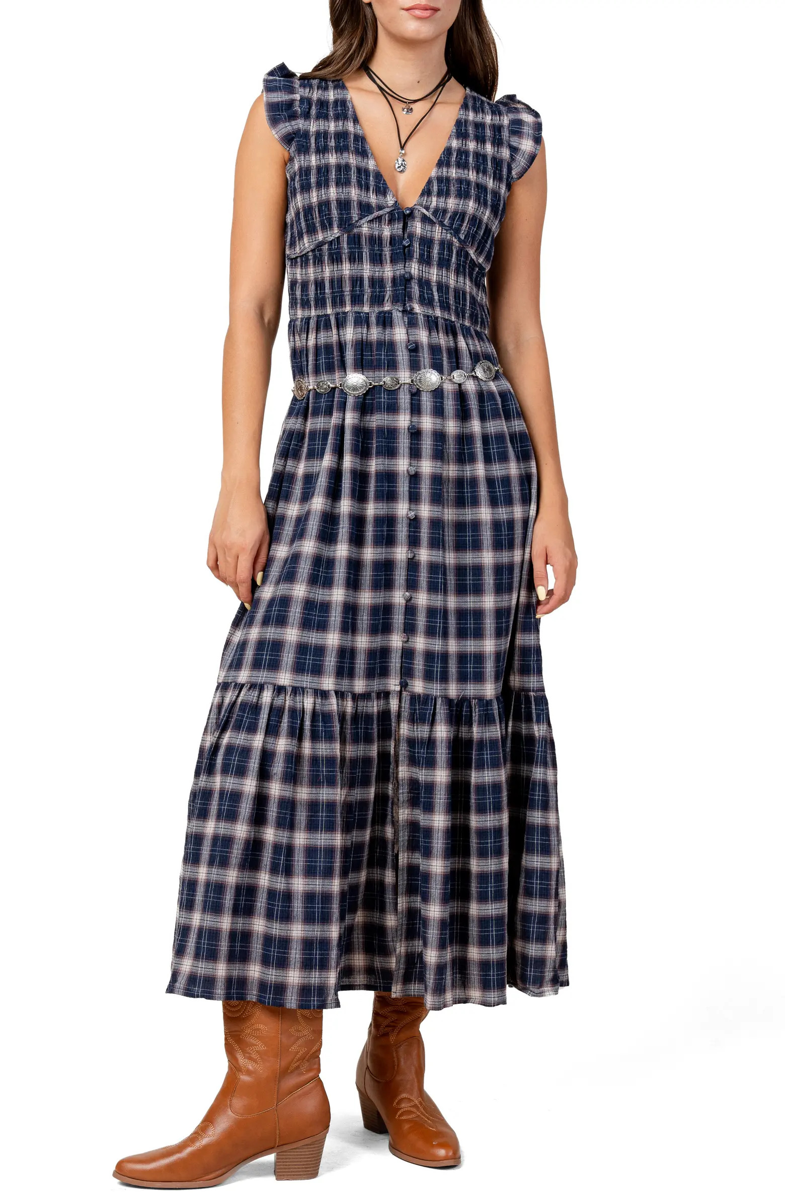 Beivy Plaid Smocked Bodice Cotton Midi Dress | Nordstromrack | Nordstrom Rack